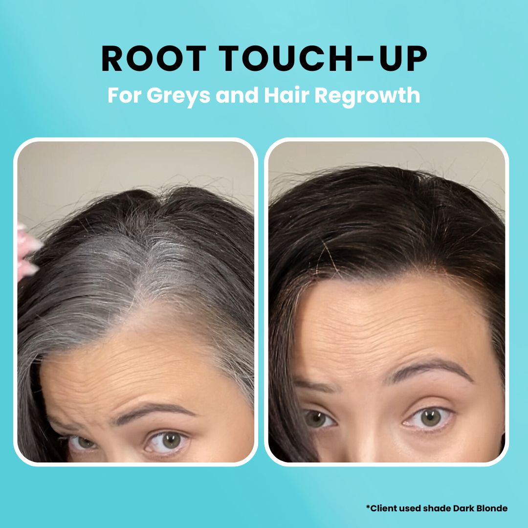 Before and after grey root cover results with natural-looking root touch up coverage.
