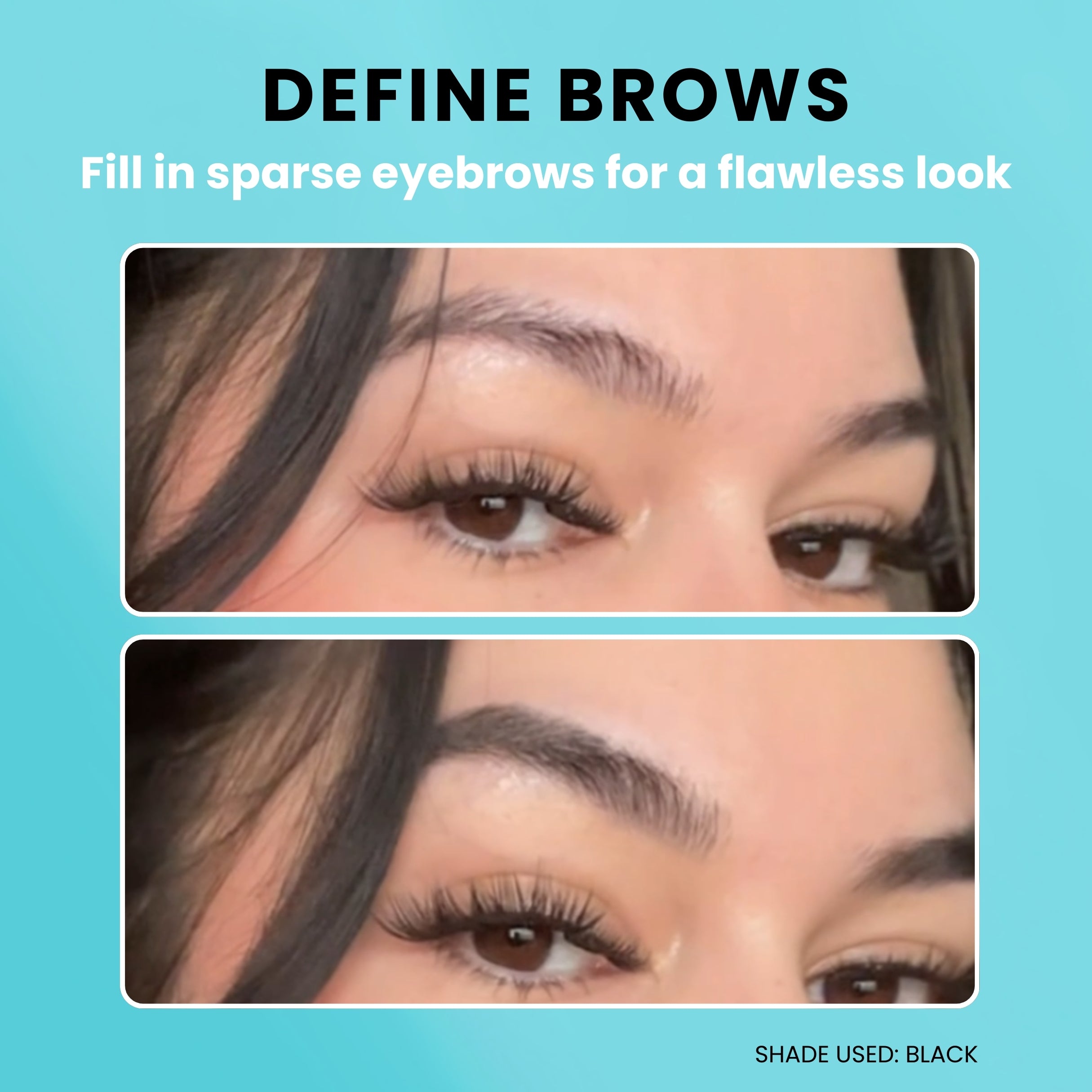 Before and after using SURETHIK Hairline Powder as a brow filler to create fuller-looking eyebrows.