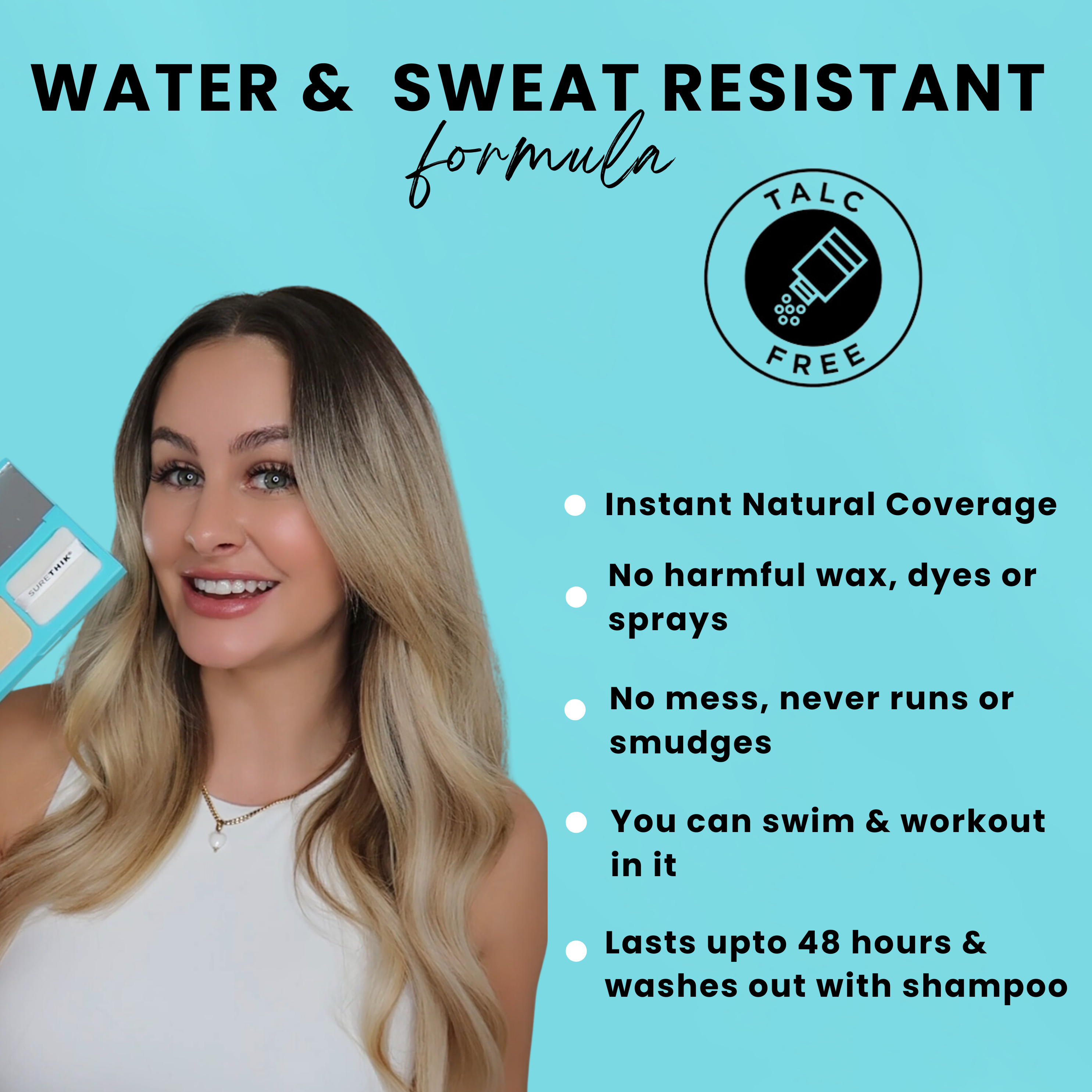 Model featured alongside key benefits of SURETHIK Hairline Powder, including natural-looking coverage and long-lasting wear.