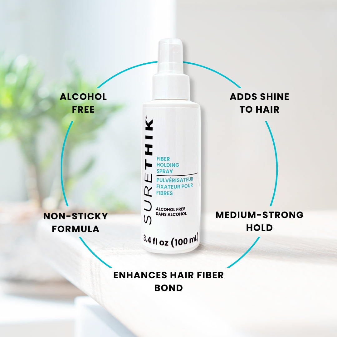 Benefits of SURETHIK alcohol free hair fiber spray including stronger hold and natural shine