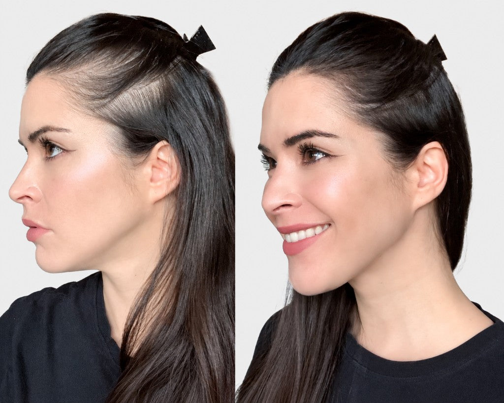 Before and after profile of a woman with dark hair and a clip using SURETHIK