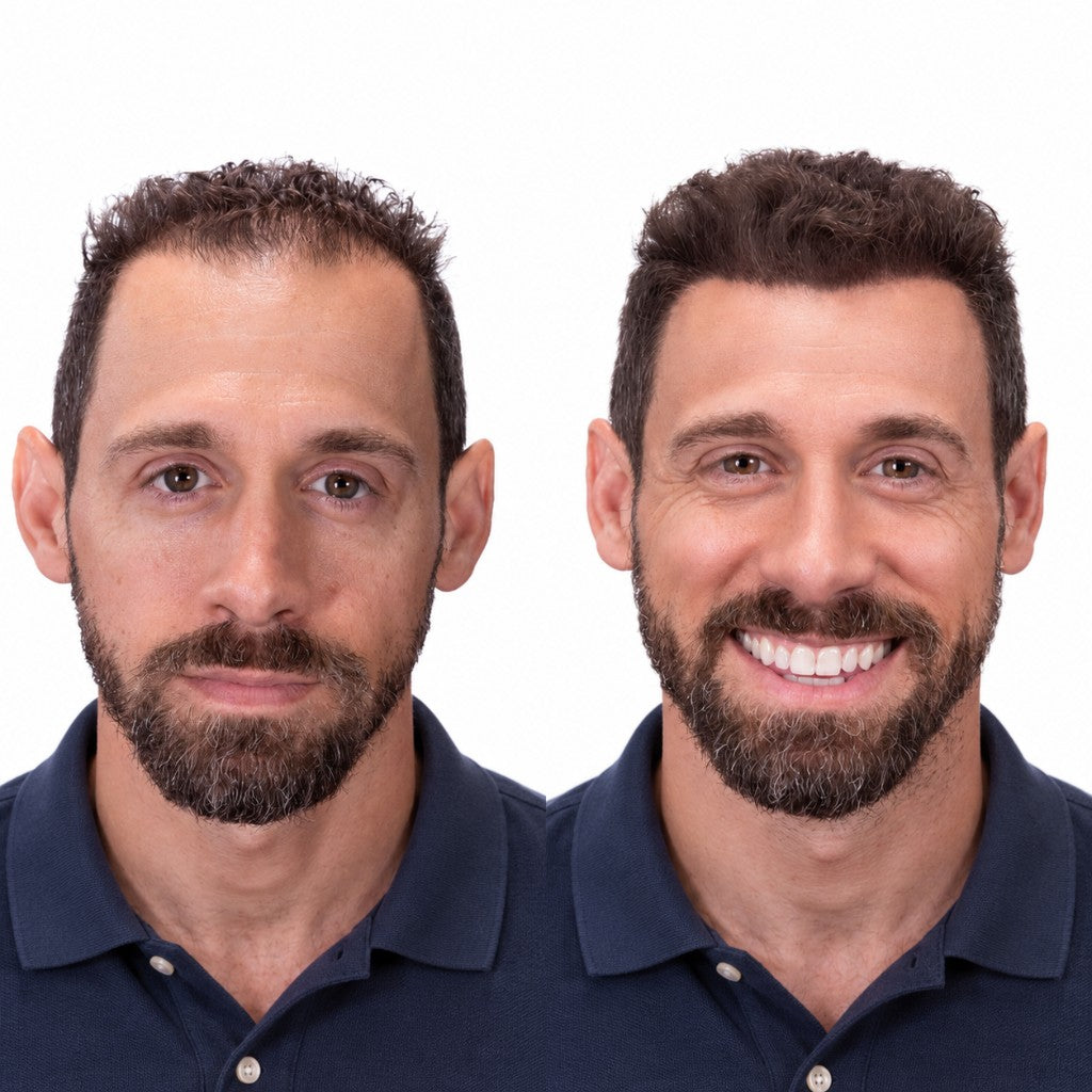 Before and after of a man in a navy polo using SURETHIK hair fibers