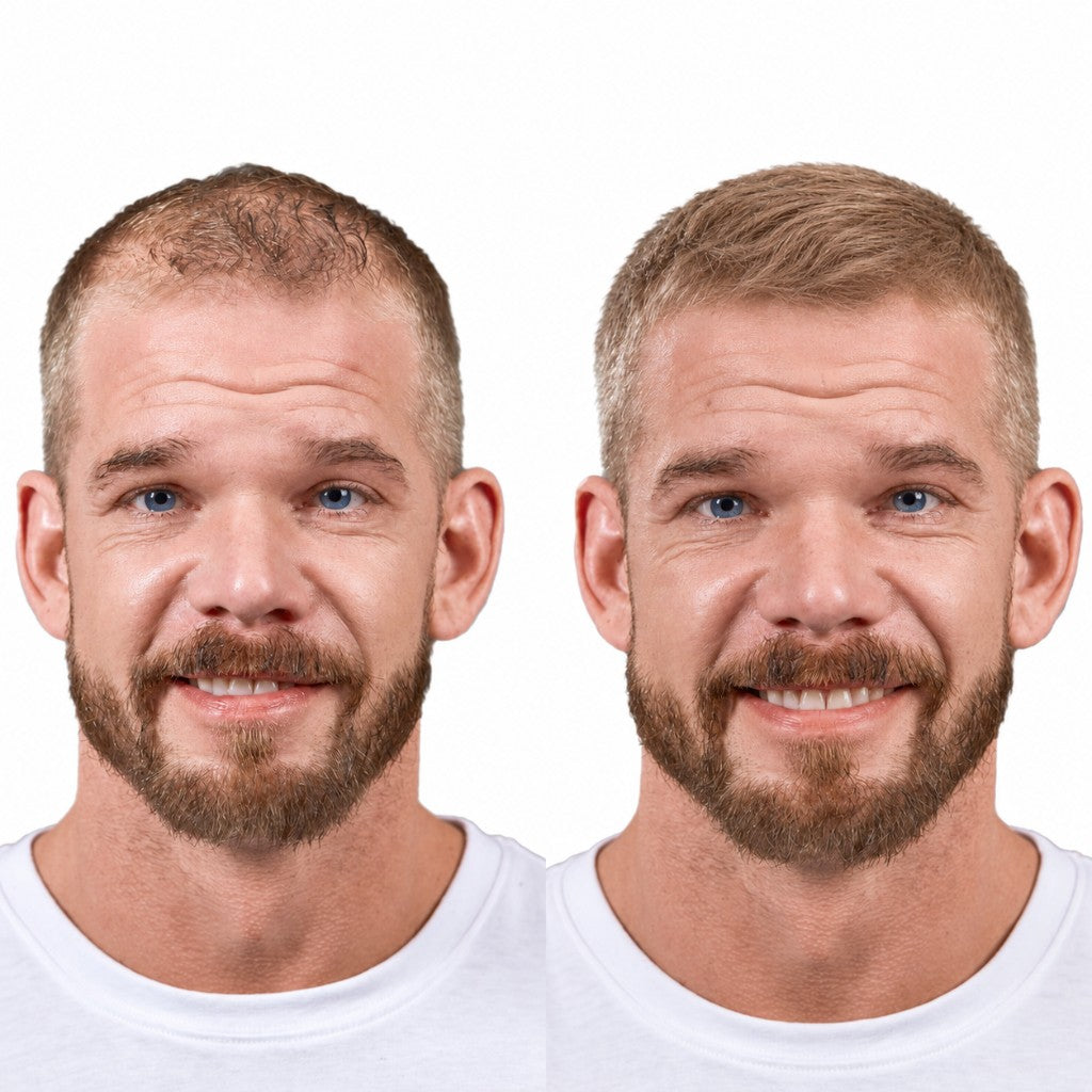 Before and after of a man with a blonde beard using SURETHIK hair fibers