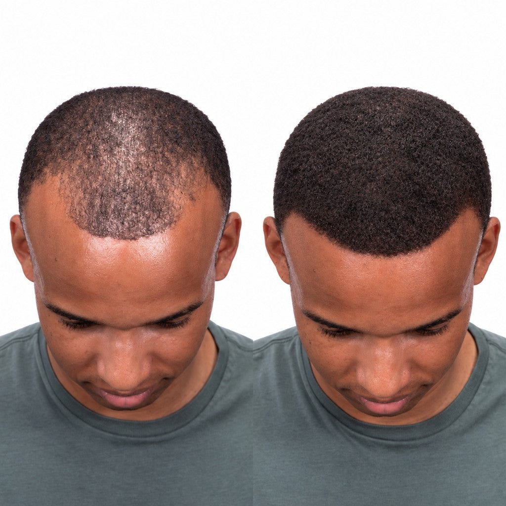 Before and after of a man in a grey tee using SURETHIK hair fibers