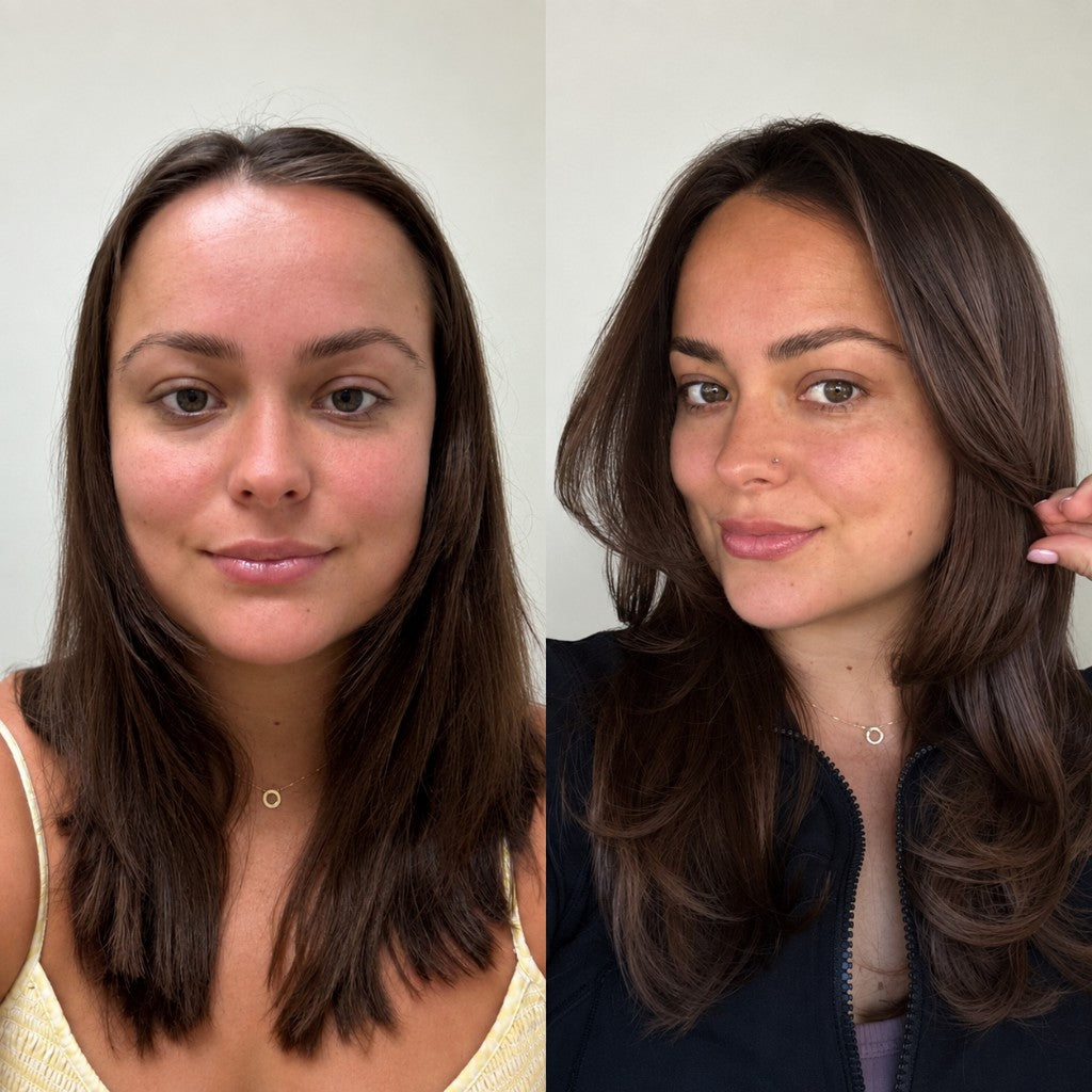 Before and after of a young woman in a yellow top and black jacket using SURETHIK hair fibers
