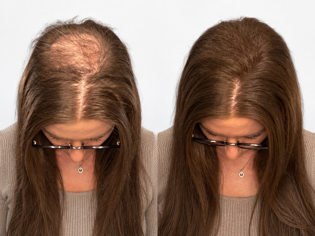 Before and after of a woman with glasses using SURETHIK hair fibers
