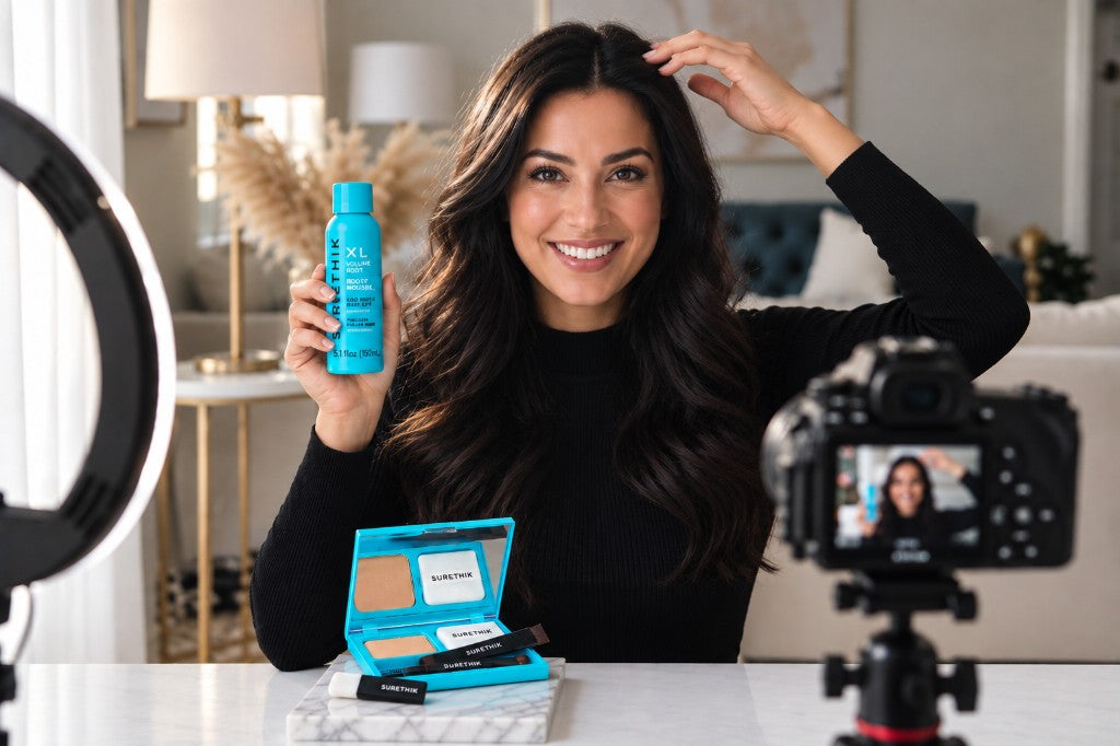 Creator filming SURETHIK XL Volume Boost and Hairline Powder