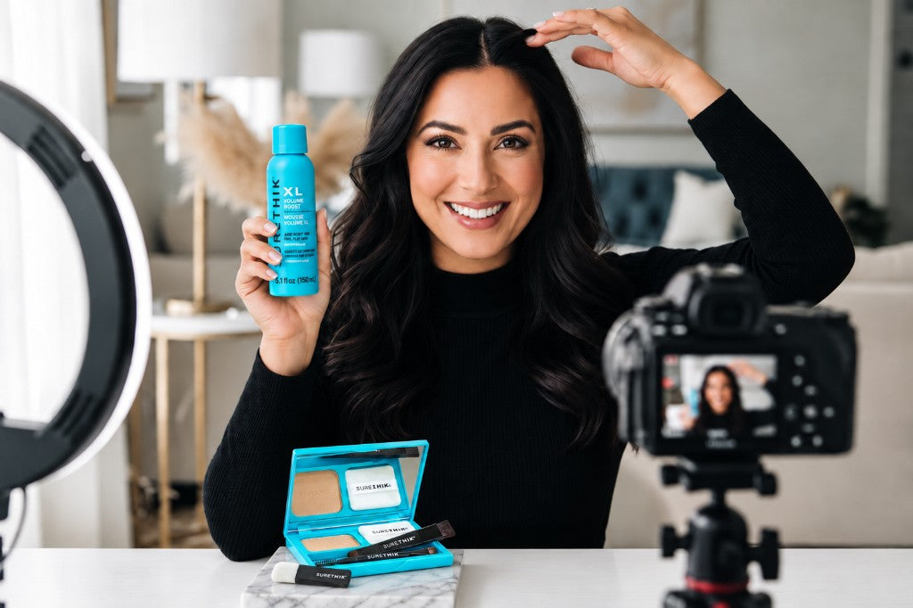 Creator filming SURETHIK XL Volume Boost and Hairline Powder